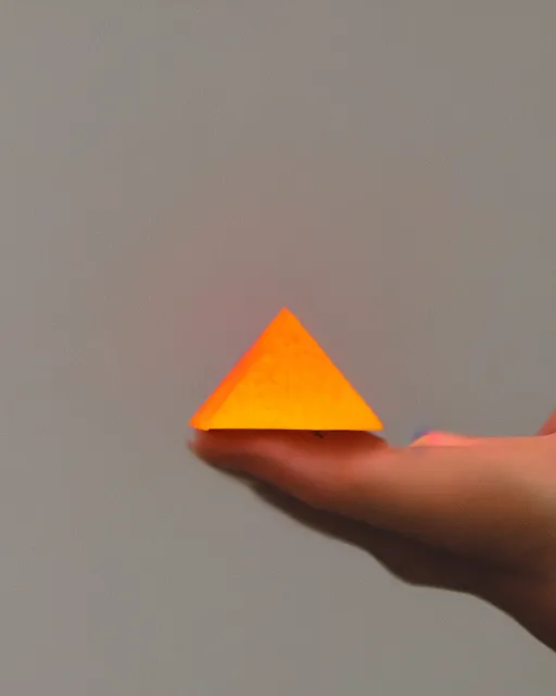 Prompt: a tiny glowing orange pyramid floating above an open hand facing up