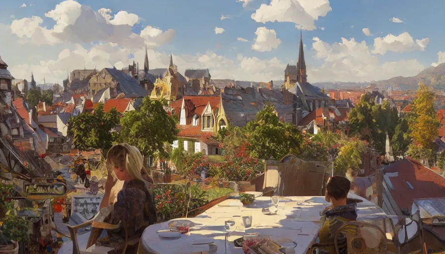 Prompt: Stefan Koidl's painting of a european town, view from cafe terrace. 4k, octane, digital painting, artstation, concept art, sharp focus, illustration, art by artgerm and greg rutkowski and alphonse mucha.