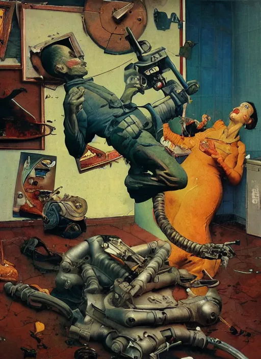 Prompt: realistic detailed image of Fallout in the style of Francis Bacon, Surreal, Norman Rockwell and James Jean, Greg Hildebrandt, and Mark Brooks, triadic color scheme, By Greg Rutkowski, in the style of Francis Bacon and Syd Mead and Edward Hopper and Norman Rockwell and Beksinski, open ceiling, highly detailed, painted by Francis Bacon, painted by James Gilleard, surrealism, airbrush, Ilya Kuvshinov, WLOP, Stanley Artgerm, very coherent, art by Takato Yamamoto and James Jean