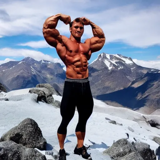 Prompt: fitness muscle man flexing on a snow mountain top