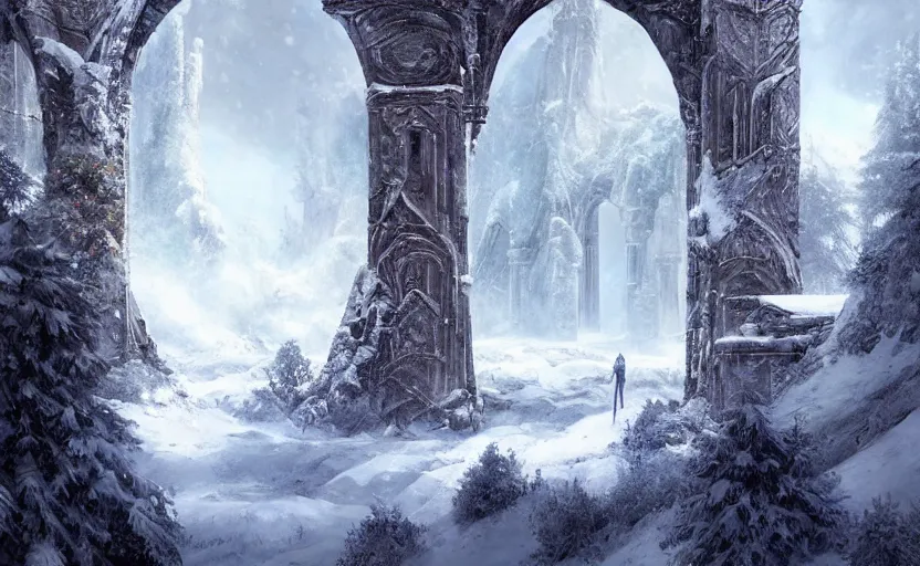 Prompt: a snowy landscape, sparse fir trees, scattered broken ancient ruin structures, giant archways, fantasy digital painting, stunning, intricate details, artwork by ross tran and artgerm