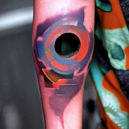 Image similar to arm tattoo of a 3 d hole in the skin with multicolored robotic mechanics inside under the skin, insanely integrate, 3 d