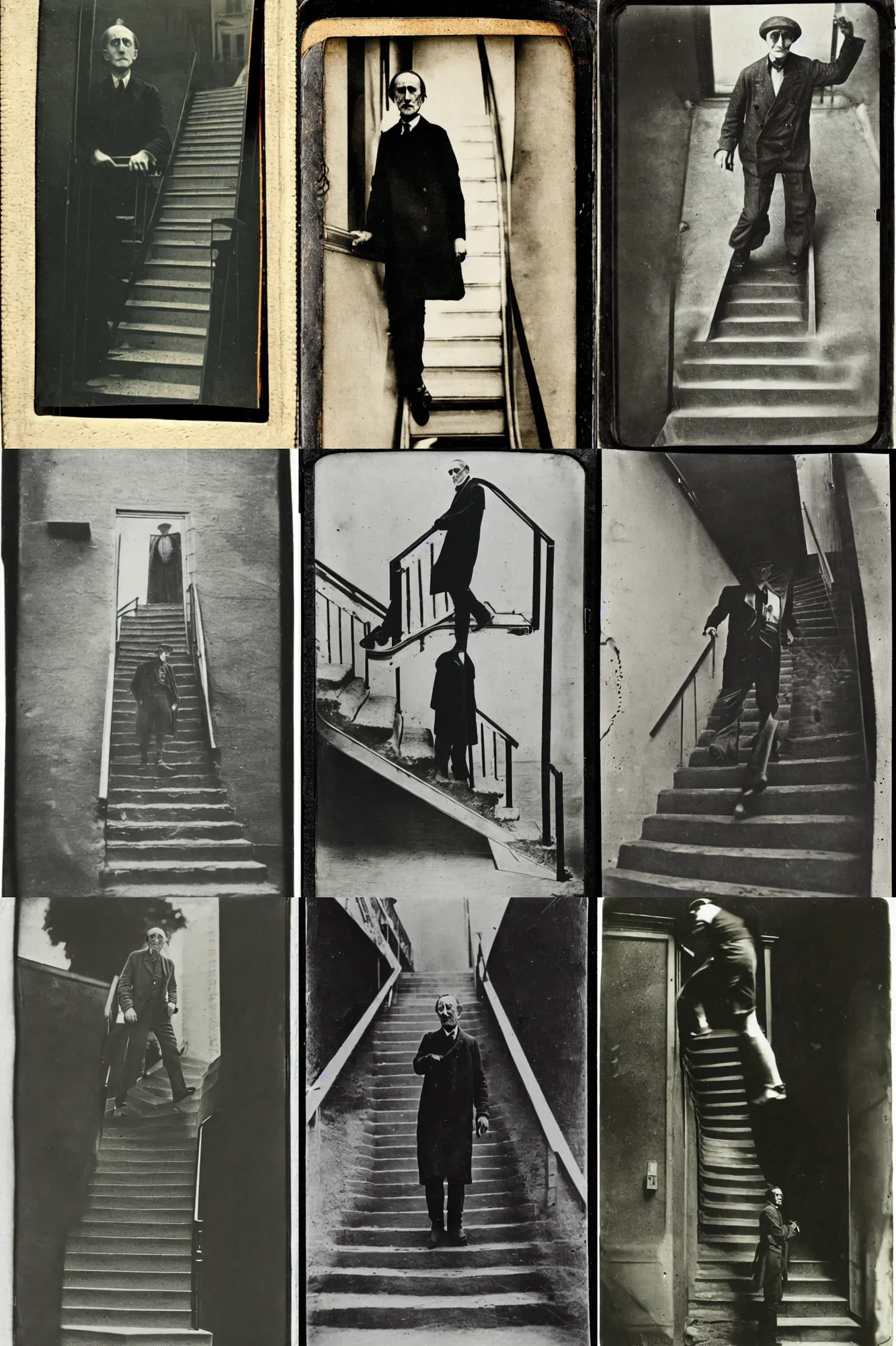 Prompt: tintype portrait of marcel duchamp ascending a staircase in the street