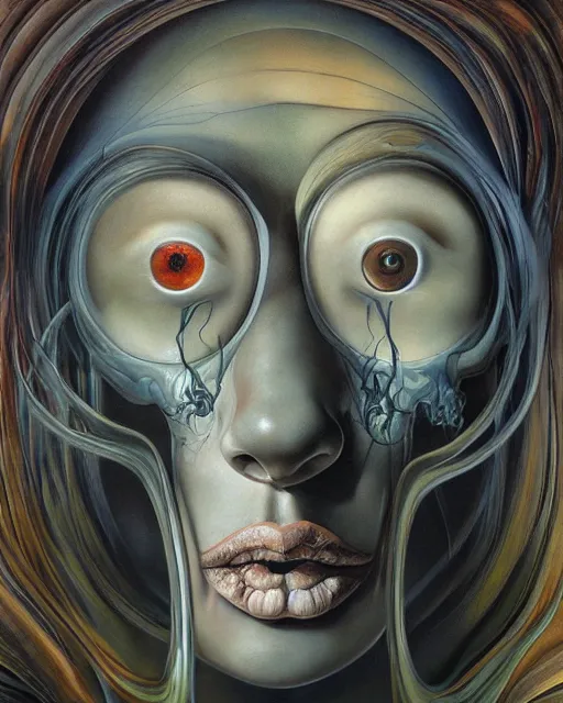 Image similar to strange surrealist, looming, biomorphic painting of a woman with large eyes by dali, marco mazzoni, james jean, charlie immer and jenny saville, fluid acrylic, airbrush art, timeless disturbing masterpiece