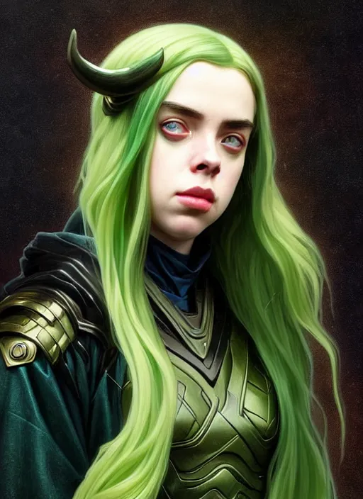 Image similar to Billie Eilish as Female Loki, very detailed, digital art, trending on artstation, concept art, smooth, illustration, art by artgerm and greg rutkowski and alphonse mucha and J. C. Leyendecker and Edmund Blair Leighton and Katsuhiro Otomo and Geof Darrow and Phil hale and Ashley wood