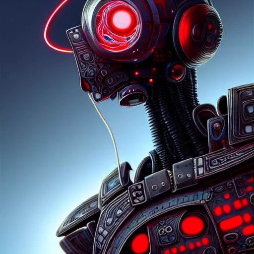 Image similar to low angle shot of a cyberpunk gazmask robot character with red wires behind from top, intricate, elegant, highly detailed, centered, digital painting, artstation, concept art, smooth, sharp focus, illustration, artgerm, Tomasz Alen Kopera, Peter Mohrbacher, donato giancola, Joseph Christian Leyendecker, WLOP, Boris Vallejo