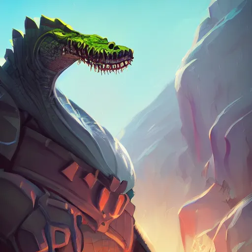 Prompt: portrait of an antropomorphic crocodile knight, mattepainting concept blizzard pixar maya engine on cold night stylized background splash comics global illumination lighting artstation lois van baarle, ilya kuvshinov, rossdraws