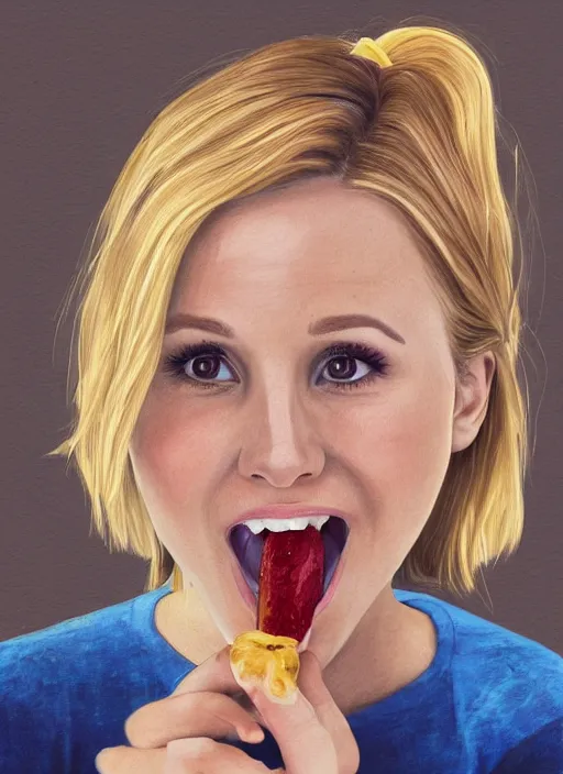 Image similar to portrait of kristen bell eating a banana, intricate, elegant, highly detailed, photorealistic, trending on artstation, digital art