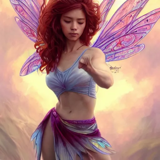 Prompt: beautiful natural fairy winged redhead martial artist fantasy fairy cute karate fey fae muscular body shortsword fairy summer spring seasons smirk, kung fu, vivid colors, intricate, elegant, highly detailed, digital painting, artstation, concept art, smooth, sharp focus, illustration, art by artgerm and greg rutkowski and alphonse mucha and loish and wlop