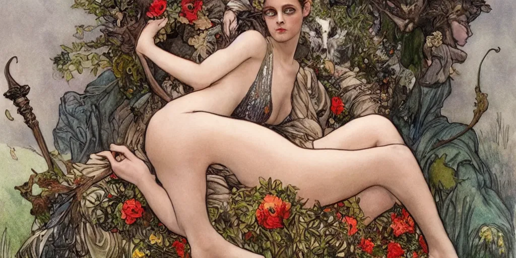 Prompt: kristen stewart as a sultry warrior sitting on top of a cornucopia, mucha meets norman lindsay style