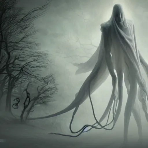 Prompt: an ethereal ghostly wraith like figure with a squid like parasite latched onto its head and long tentacle arms that flow lazily but gracefully at its sides like a cloak while it floats around a frozen rocky tundra in the snow searching for lost souls and that hides amongst the shadows in the trees, this character has hydrokinesis and electrokinesis for the resident evil village video game franchise with inspiration from the franchise Bloodborne as a muppet from sesame street, photo realistic, photography, sesame street, bloodborne, resident evil