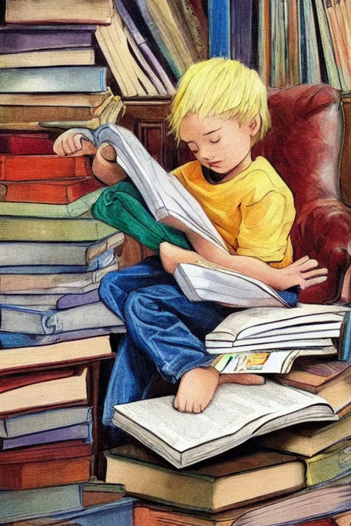 Prompt: a little boy with blonde hair sits cross legged on top of a tall pile of books. he is reading. clean elegant pretty cartoon painting, beautiful detailed face, storybook illustration.