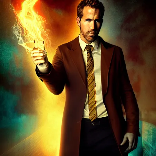 Image similar to a portrait of a Ryan Reynold as a John constantine, DC, yellow aura, magic, fantasy, HDR, natural light, shoulder level shot, dynamic pose, demons, award winning photograph, Mucha style 4k,