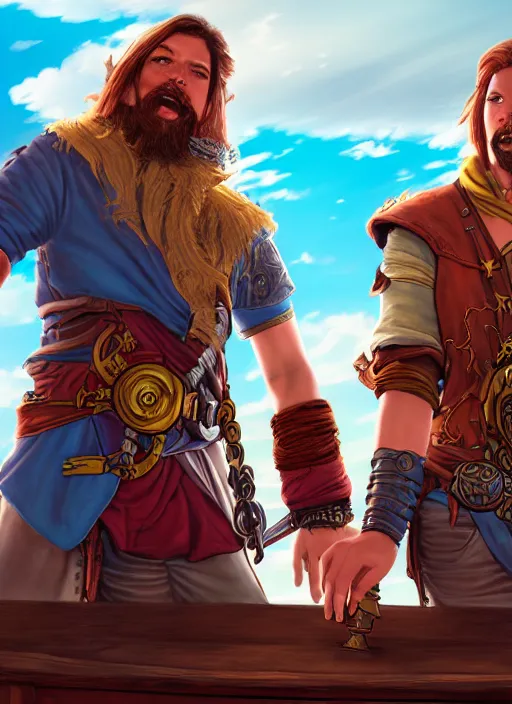 Image similar to an epic fantasy comic book style portrait painting of two bumbling idiot sky - pirates on the deck of a skyship looking at a chest, unreal 5, daz, hyperrealistic, octane render, cosplay, rpg portrait, dynamic lighting, very detailed faces