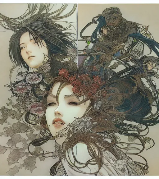 Image similar to yoshitaka amano anime painting, intricate line drawings, pen and ink, alphonse mucha, claire wendling, kentaro miura, ruan jia