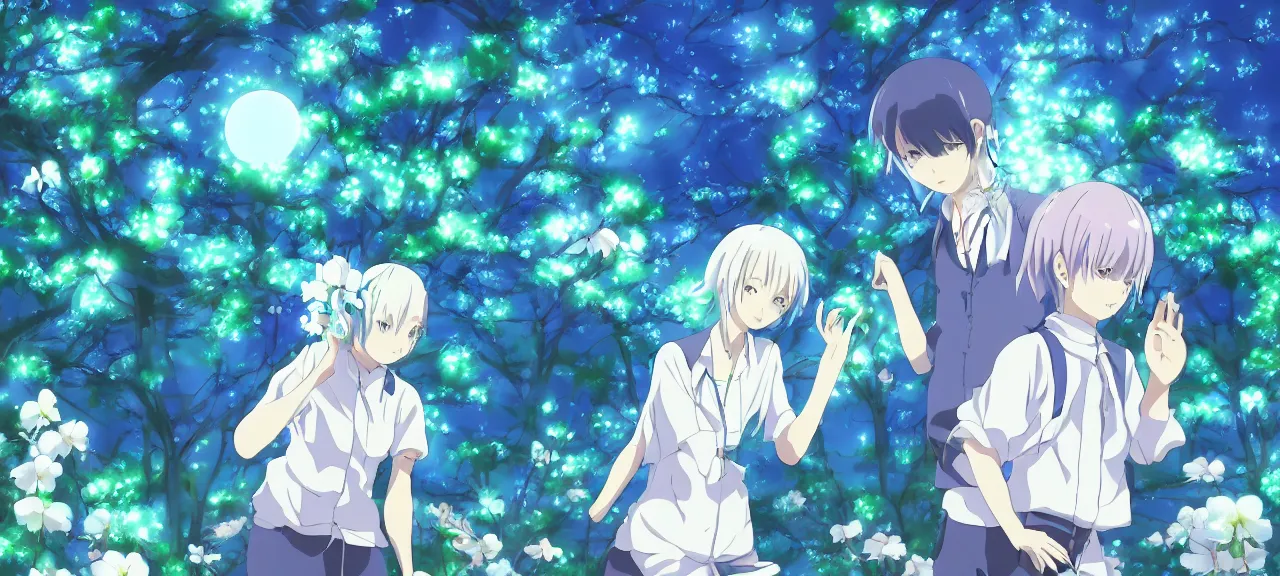 Prompt: Konpaku petting aqua ghost | ghibli clover | Big Moon at Blue Night | Trees with white flowers | bioluminescent blue FLOWERS | strong blue rimlit | visual-key | anime illustration | highly detailed High resolution | Light Novel | Visual Novel | In the style of Miyami-Zero, Yuuki Hagure