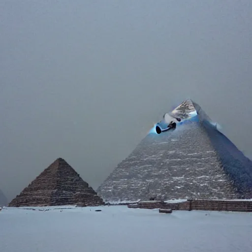 Prompt: snow storm at giza pyramid