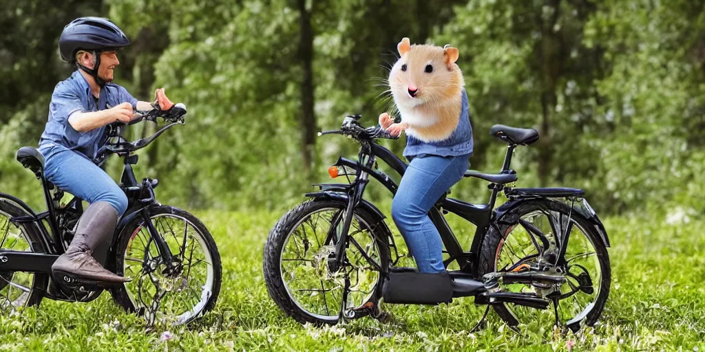 Image similar to a hamster happily riding an electric bike on the prairie
