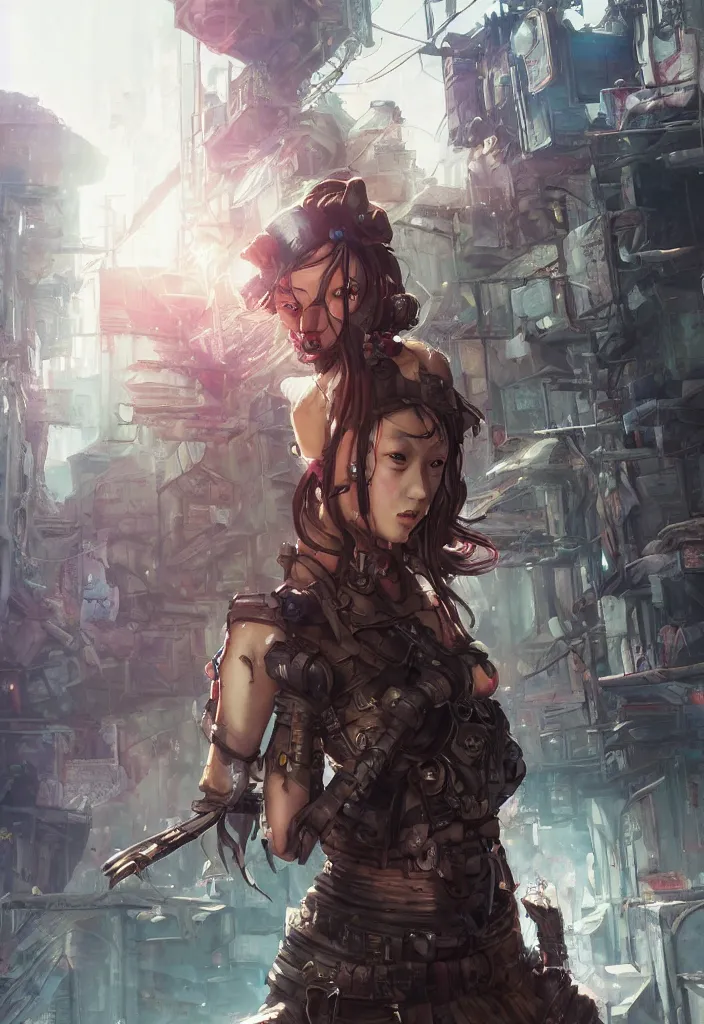 Prompt: Beautiful science fiction warrior princess full body portrait, set in post apocalyptic Tokyo alleyway, glorious sunlight, colors and shadows, D&D, fantasy, highly detailed, digital painting, artstation, concept art, sharp focus, illustration, in style of Artgerm and KyuYong Eom and Mansik Yang and WLOP and Greg Rutkowski and Paul Chadeisson