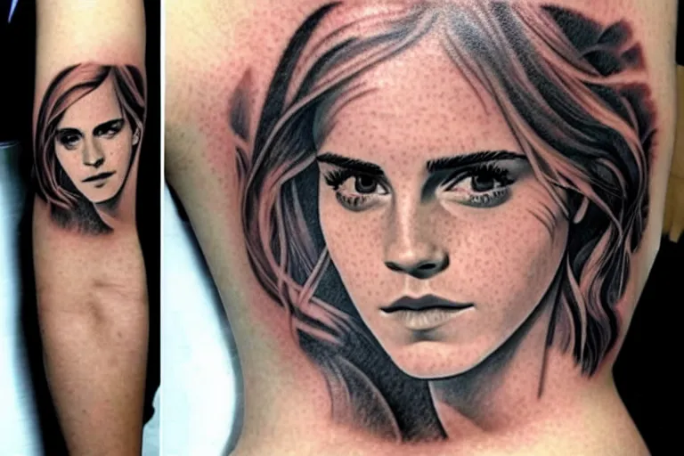 Image similar to emma watson, dope tattoo, hyperrealistic