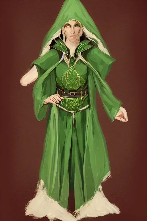 Image similar to a portrait of half elf warlock, beautiful and symmetrical, non binary, wearing green robes, high detail, trending on artstation, 4k