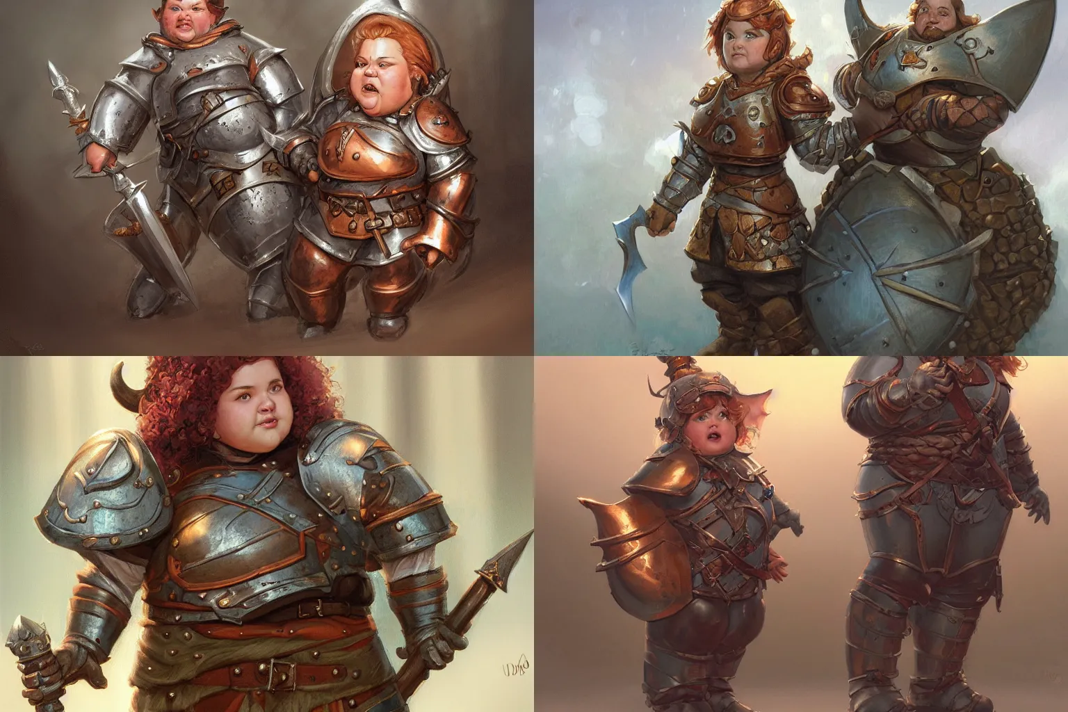 Prompt: cute chubby gnome woman wearing copper armor with sword and shield, small stature, short size, cute and adorable, pretty, DnD character art portrait, matte fantasy painting, DeviantArt Artstation, by donato giancola, ralph horley, loish, cinematic lighting