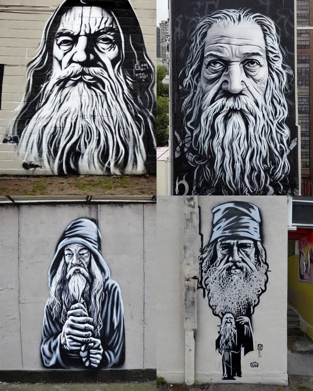 Prompt: graffiti portrait of gandalf the grey, street art by shepard fairey and banksy