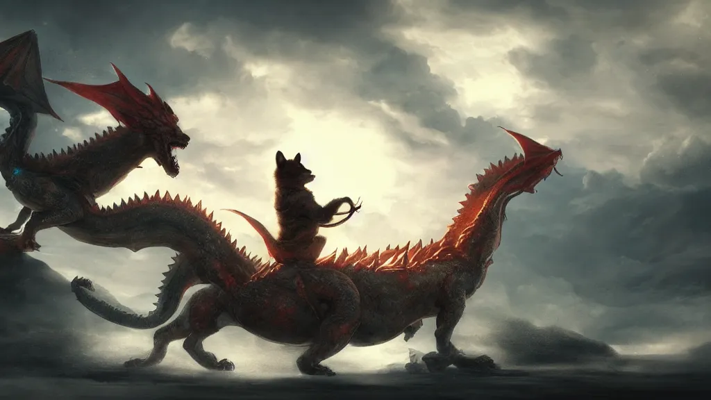 Image similar to Shiba Inu riding a dragon into battle, concept art, matte painting, highly detailed, artstation, dynamic, epic composition