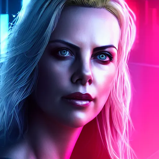 Image similar to charlize theron portrait, cyberpunk 2 0 7 7, cyberpunk judy alvarez, photorealistic, ultra detailed, neon, octane, bokeh, cinematic lighting, cyber, cyberpunk city, studio quality, feature, scars, cyberface, 8 k