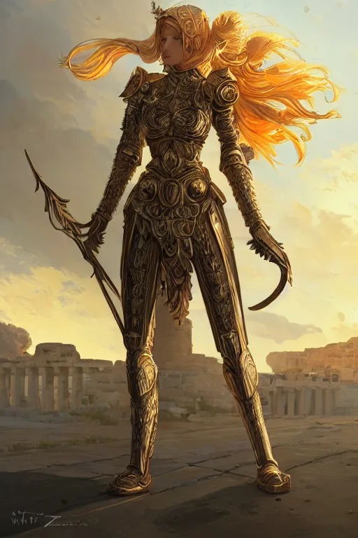 Image similar to portrait knights of zodiac girl, golden and copper shining armor, in ruined agora of athens sunrise, ssci - fi and fantasy, intricate and very very beautiful and elegant, highly detailed, digital painting, artstation, concept art, smooth and sharp focus, illustration, art by tian zi and wlop and z - - ed and ilya kuvshinov