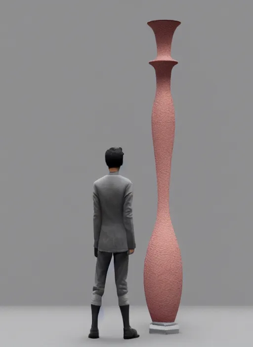 Image similar to a sculpture of a man standing next to a tall vase, a raytraced image by Hikari Shimoda, polycount, video art, vray tracing, ray tracing, rendered in unreal engine