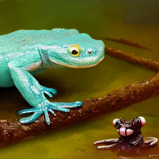 Prompt: Cute adorable sweet marshmallow salamander crawling from a cacao swamp, oil painting, by Greg Rutkowski