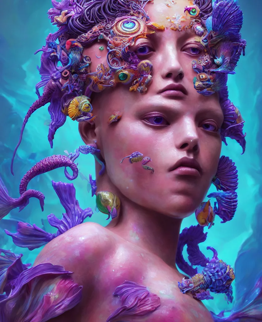 Image similar to goddess full color painted acryllic sculpture close-up portrait. orchid bird phoenix head, nautilus, skull, betta fish, bioluminiscent creatures, intricate artwork by Tooth Wu and wlop and beeple. octane render, trending on artstation, greg rutkowski very coherent symmetrical artwork. cinematic, hyper realism, high detail, octane render, 8k