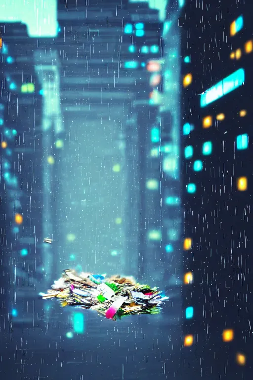 Prompt: trash falling from the sky, cyberpunk