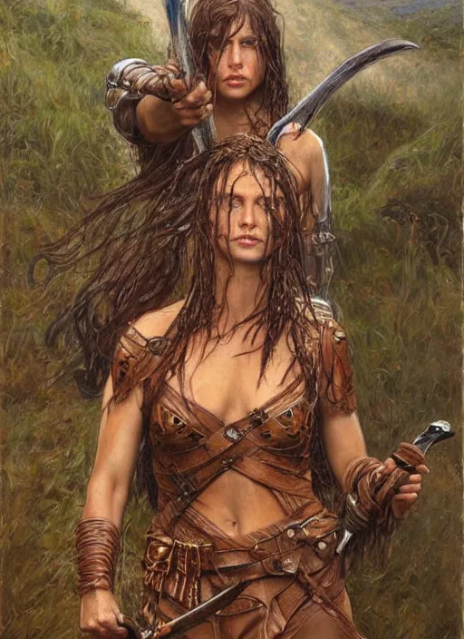 Image similar to beautiful warrior woman with wet hair wearing tan leather clothes holding a sword by artist donato giancola