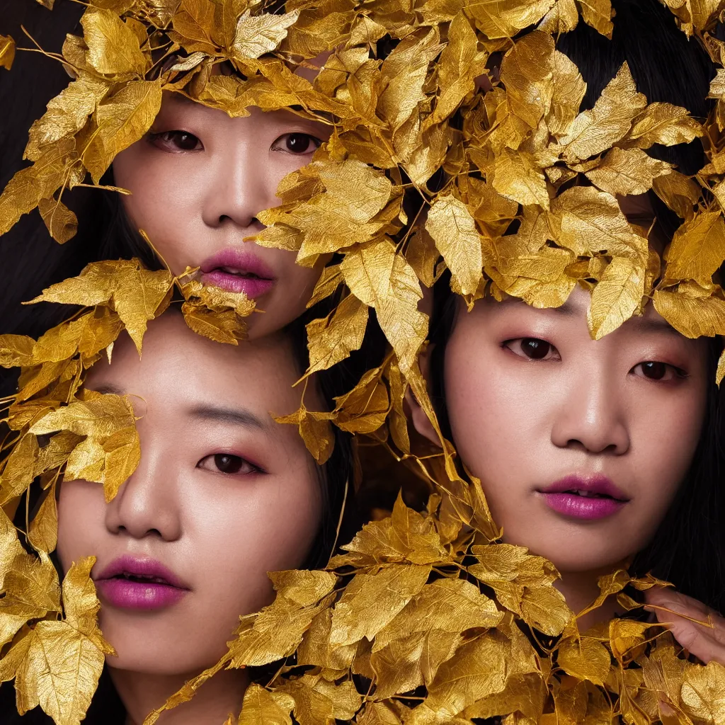 Prompt: close up portrait of a one korean woman, gold leaves, violet silk threads, venetian masks, mouth gags, fashion magazine, portrait photography, annie leibovitz, david lazar, 1 0 5 mm, in autumn, 8 k hd, detailed