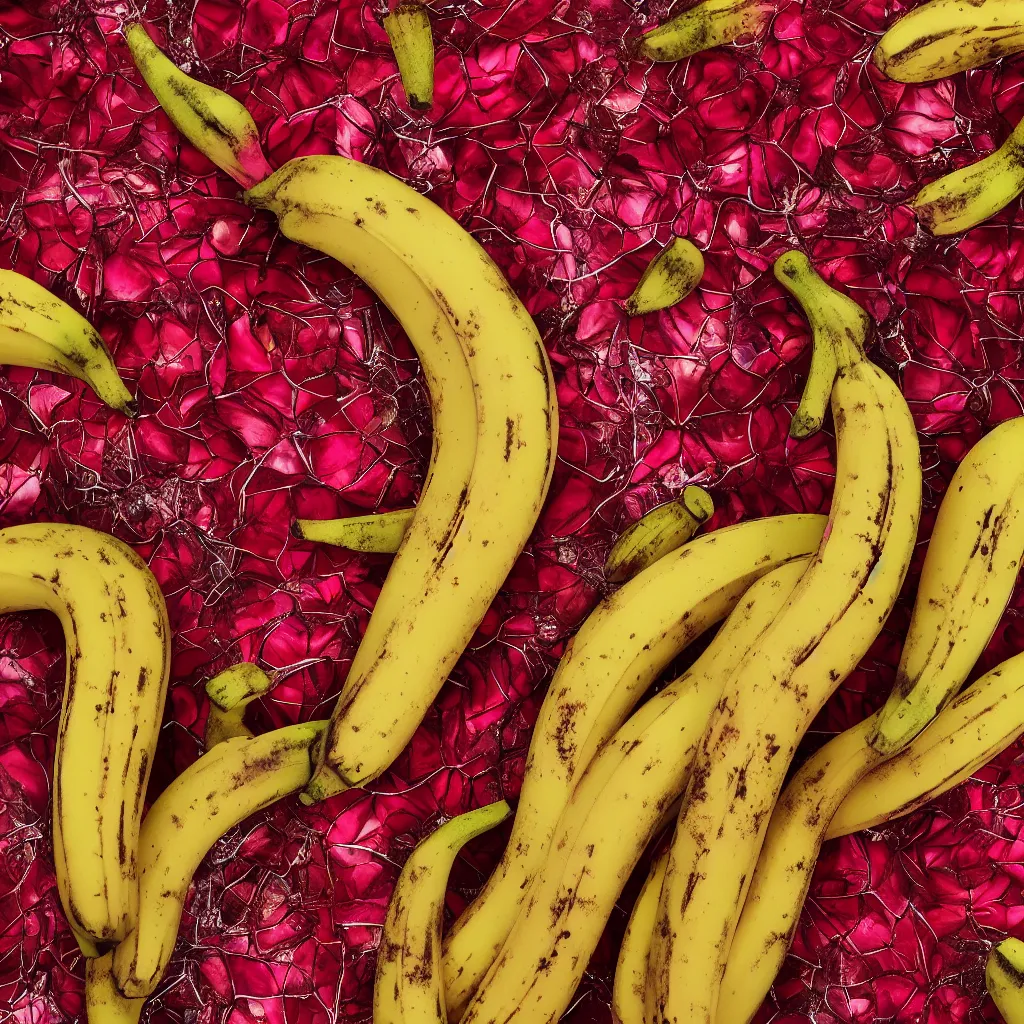 Image similar to high fashion haute couture spiked bananas, and form a complex fractal, cracked, vegetable foliage, with red petals and shiny stems, mesh roots, hyper real, food photography, high quality