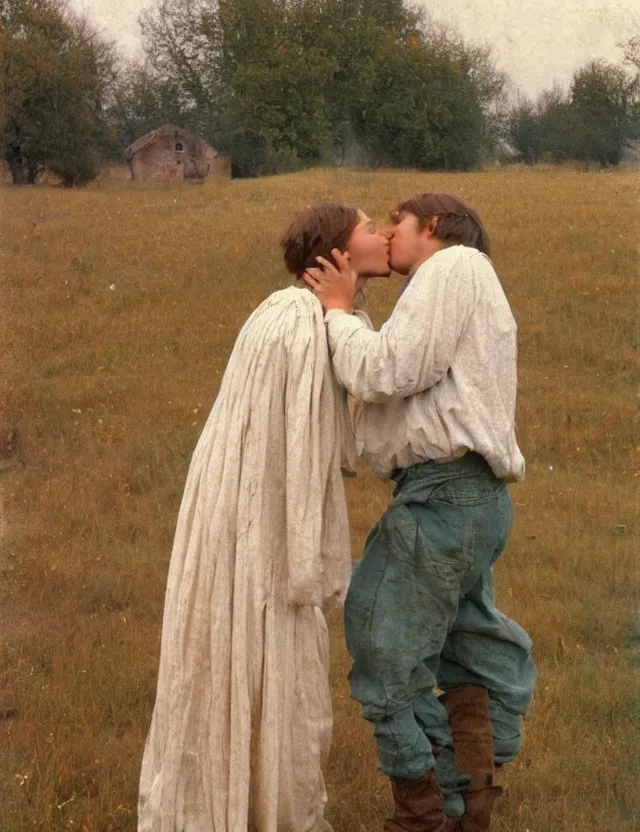 Image similar to peasant boy and girl first kiss, on a village, Cinematic focus, Polaroid photo, vintage, neutral colors, soft lights, foggy, by Steve Hanks, by Serov Valentin, by lisa yuskavage, by Andrei Tarkovsky 8k render, detailed, oil on canvas