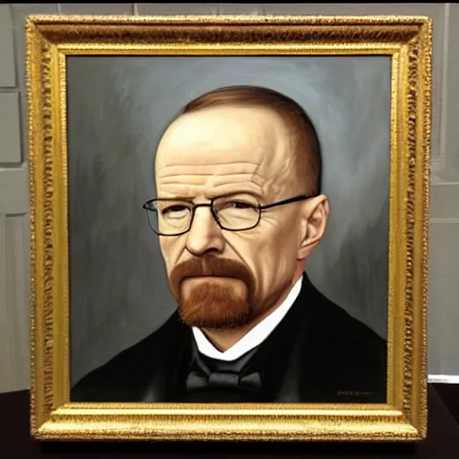 Image similar to president walter white, walter white presidential portrait, oval office painting. official portrait, painting by gibbs - coolidge. oil on canvas, wet - on - wet technique, underpainting, grisaille, realistic. restored face.