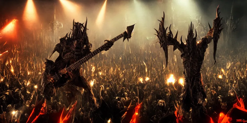 Image similar to Sauron playing rock guitar to a crowd of orcs in Mordor, epic, realistic, 8k resolution, detailed