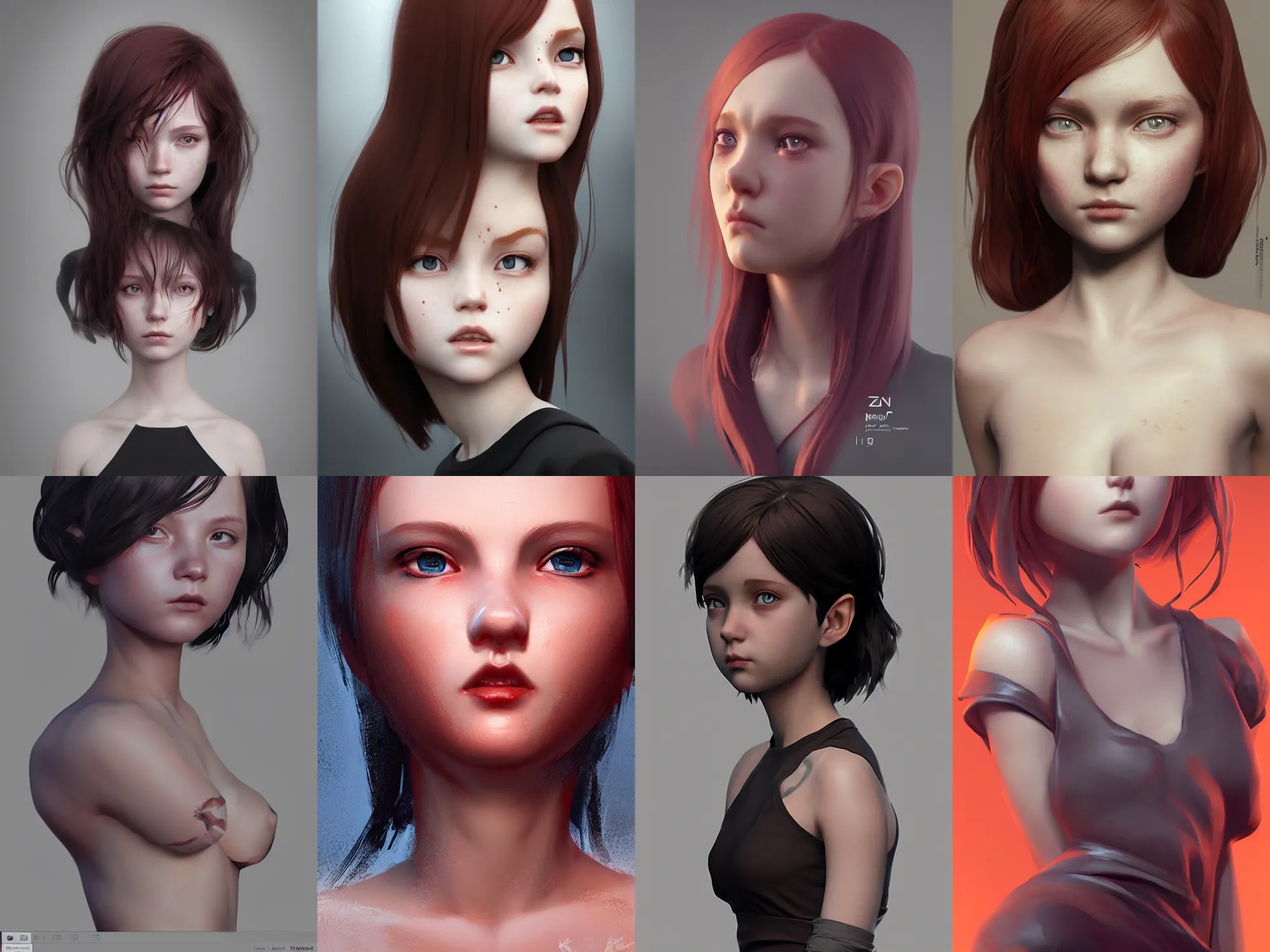 Prompt: Zbrush sculpt colored, Octane render in Maya and Houdini VFX, young redhead girl, black silky hair, black stunning deep eyes. By ilya kuvshinov, krenz cushart. Amazing textured brush strokes. Cinematic dramatic soft volumetric studio lighting