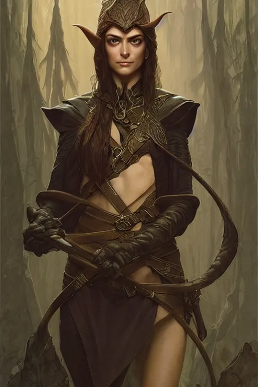 Image similar to portrait of a elven ranger, dark, piercing eyes, gentle expression, elegant clothing, photorealistic, highly detailed, artstation, smooth, sharp focus, art by michael whelan, artgerm, greg rutkowski and alphonse mucha