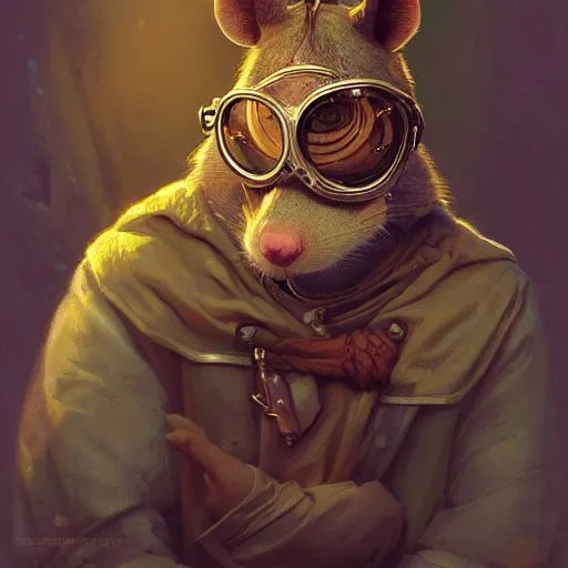 Prompt: anthropomorphic rat with goggles on his forehead, D&D, fantasy, intricate, elegant, highly detailed, digital painting, artstation, concept art, smooth, sharp focus, illustration, art by artgerm and greg rutkowski and alphonse mucha