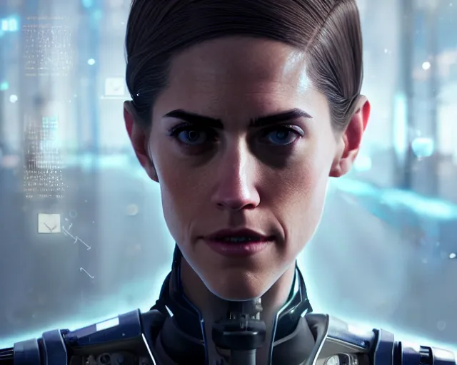 Image similar to highly detailed portrait of allison williams as an android, in detroit : become human, stephen bliss, unreal engine, fantasy art by greg rutkowski, loish, rhads, ferdinand knab, makoto shinkai and lois van baarle, ilya kuvshinov, rossdraws, tom bagshaw, global illumination, radiant light, detailed and intricate environment