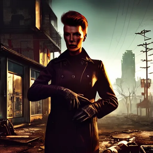 Image similar to fallout 4, charismatic david bowie, portrait, outdoors ruined cityscape, atmospheric lighting, painted, intricate, volumetric lighting, beautiful, daytime, sunny weather, slight overcast, sharp focus, deep colours, ultra detailed, by leesha hannigan, ross tran, thierry doizon, kai carpenter, ignacio fernandez rios