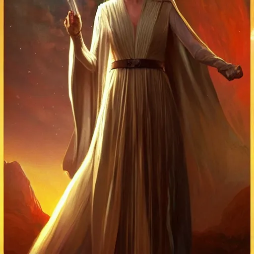Image similar to Galadriel as a Jedi, mystical, half-body portrait, Lord of the Rings, Star Wars, science fantasy, portrait, highly detailed, digital painting, artstation, concept art, sharp focus, illustration, art by artgerm and greg rutkowski and magali villeneuve, red white and gold color scheme