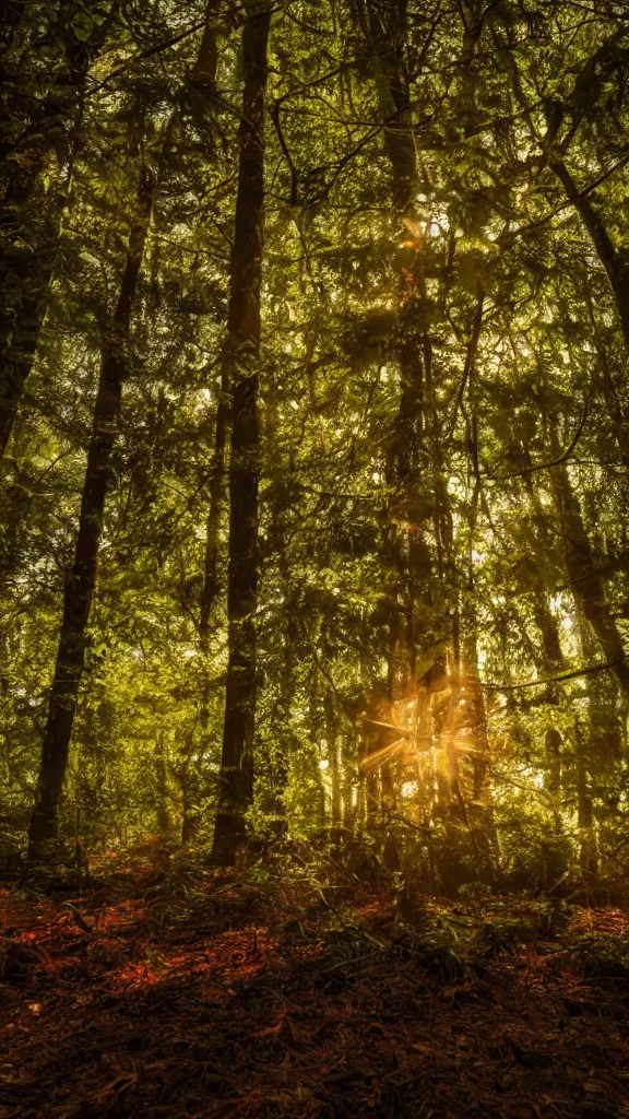 Image similar to photo of the forest, the sun through the foliage, a lot of porcini mushrooms, cinematic lighting, highly detailed