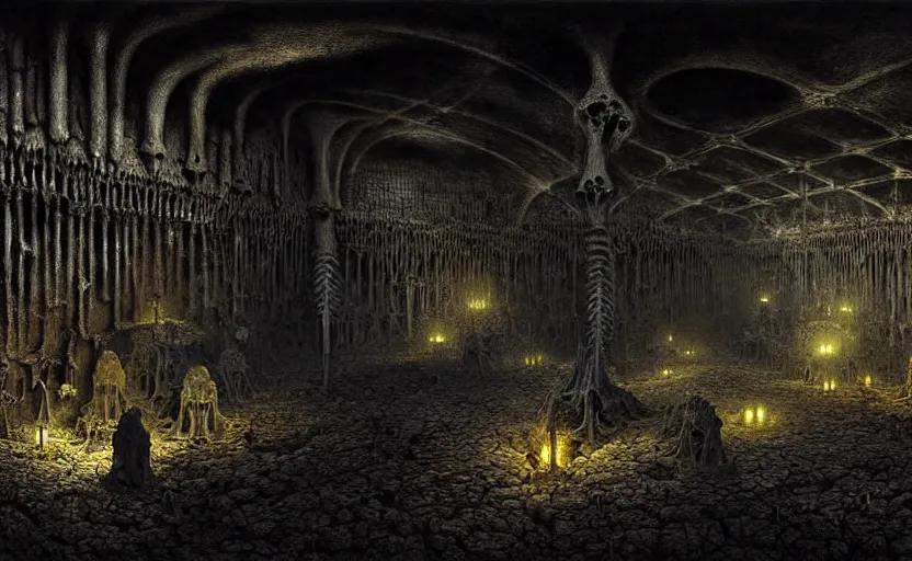 Image similar to grimy dark catacombs of infected skeletal remains by hr giger and zdzisław beksinski, fine details, digital art, volumetric lighting, cinematic light, photorealistic