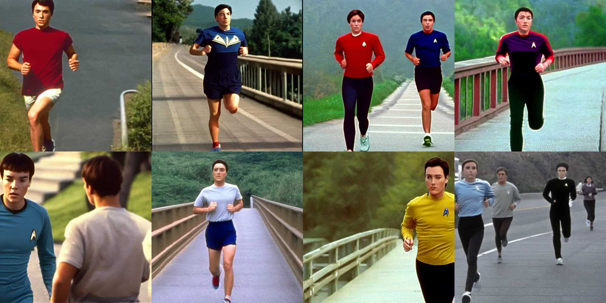 Prompt: Wesley Crusher doing jogs on the bridge for his final exam, film still from Star Trek TNG, DVD extras, 1989