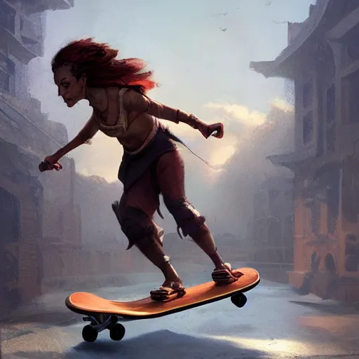 Prompt: A matte painting of Chandra on a skateboard, art by greg rutkowski, trending on artstation